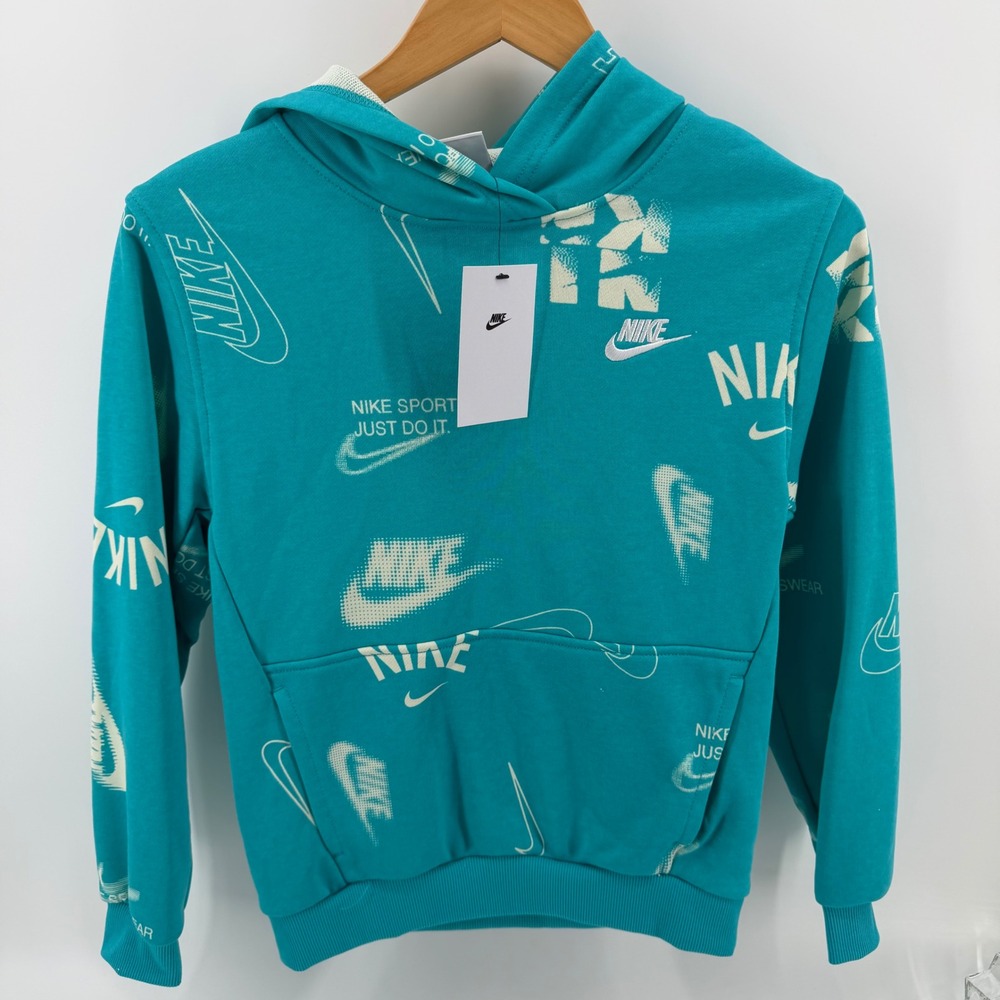 Nike Kids Hoodie Turquoise All Over Logo Print Graphic Sweatshirt Size Large NEW